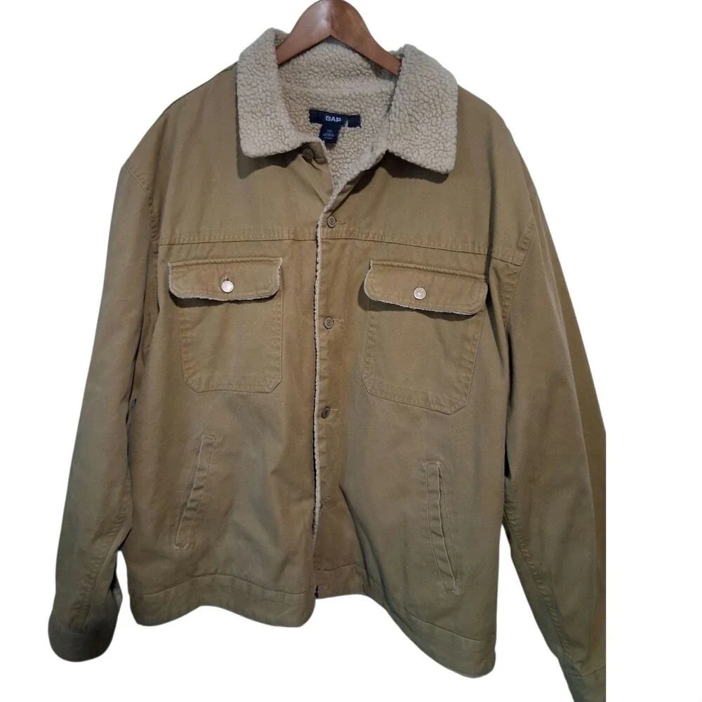 Y2K Vintage Gap Mens XXL Khaki Canvas Sherpa Lined Trucker Chore Barn Jacket‎